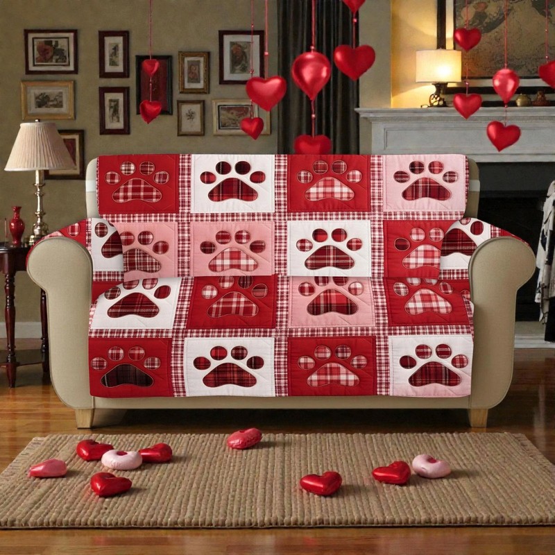 Valentine Paw Dog Quilted Sofa Cover Farmhouse Pet Lover Sofa Protector Decor
