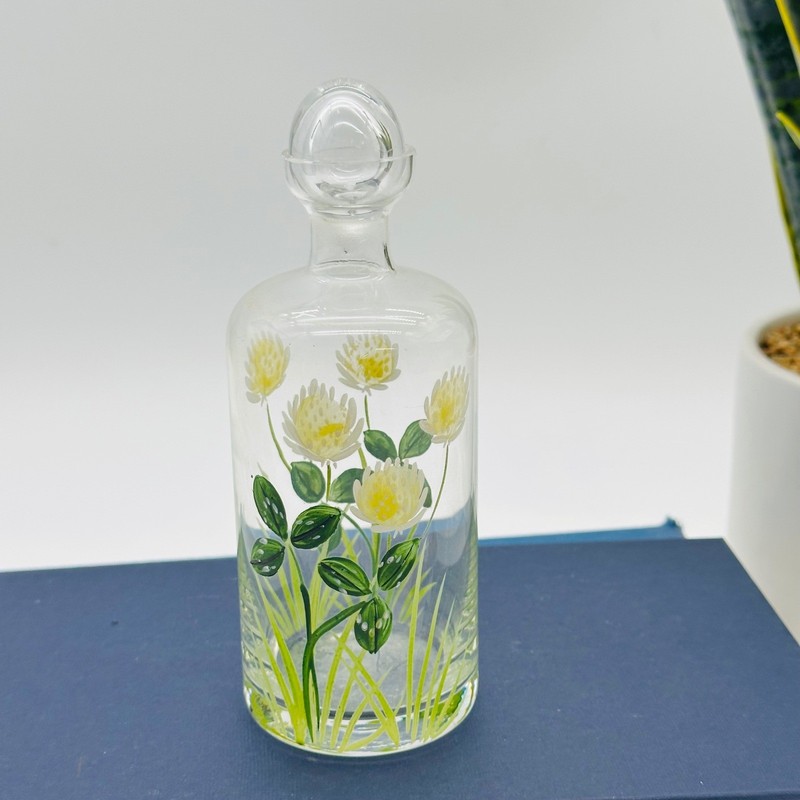Vintage Hand Painted White Clover or Thistle Glass Apothecary Bottle w Stopper