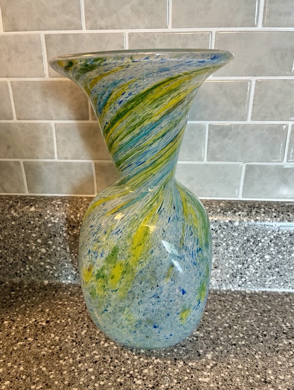 Vintage F & C Handmade Crystal Blue/Yellow/Green Swirl Vase Heavy 9 1/8” Tall gallery