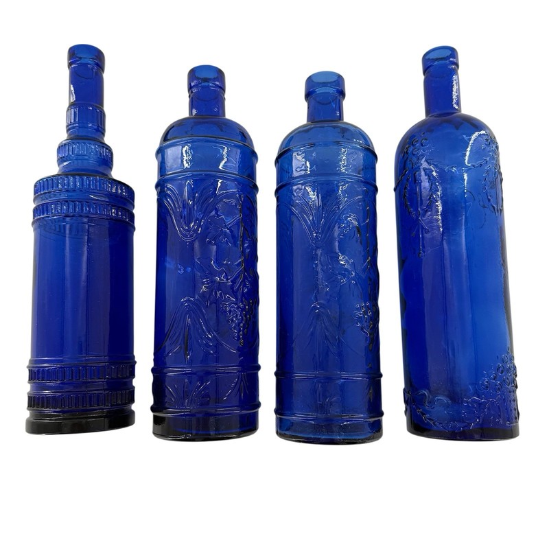 Set Of 4 Glass Wine Bottle Vase Embossed Cobalt Blue 12” Tall Garden Art Decor