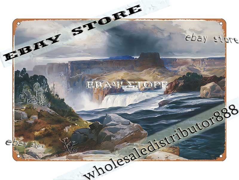Tin Sign 1860s Snake River Waterfall Landscape Idaho Louis Prang living room