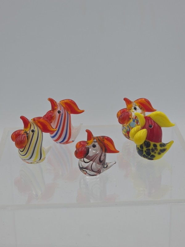Hand Made Colorful Art Glass Multi Colors Chickens Roosters Minitures Set Of 5