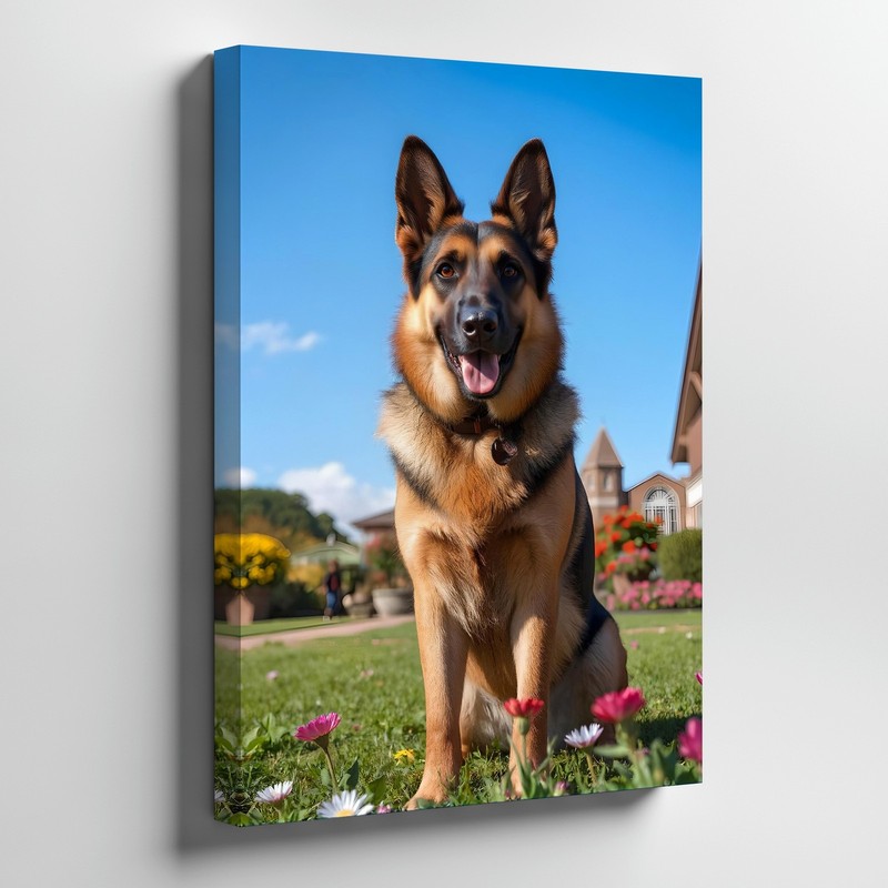 German Shepherd Canvas Wall Art Happy Dog Portrait Floral Outdoor Decor Print
