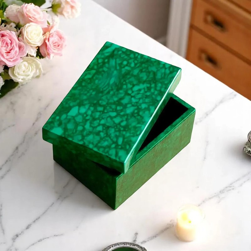 Malachite Inlay Jewelry Box Handmade Mosaic Stone Art Decor Gift Green Arts