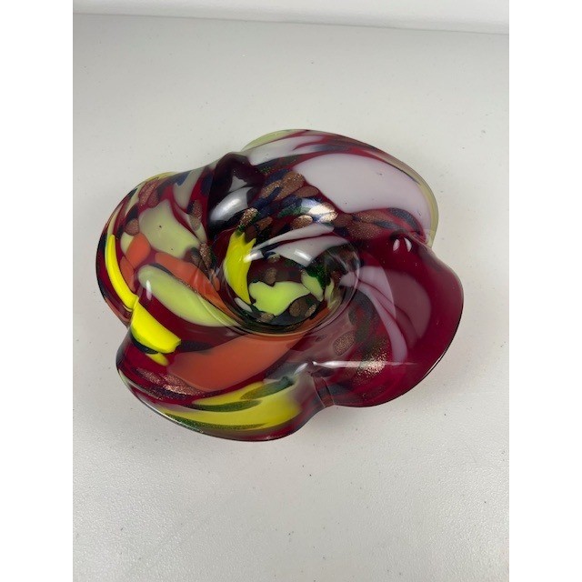 Murano Style Art Glass Ruffled Bowl Red Yellow Orange Copper Aventurine 9.5in gallery