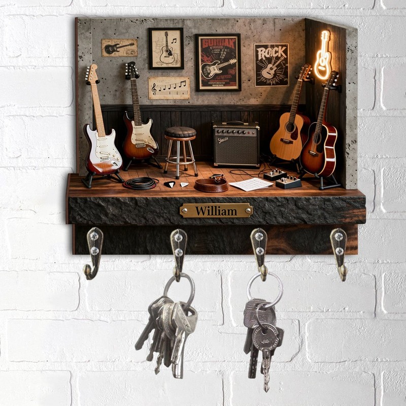 Personalized Guitar Key Holder, Music Studio Wall Hooks Custom Name Decor Gift