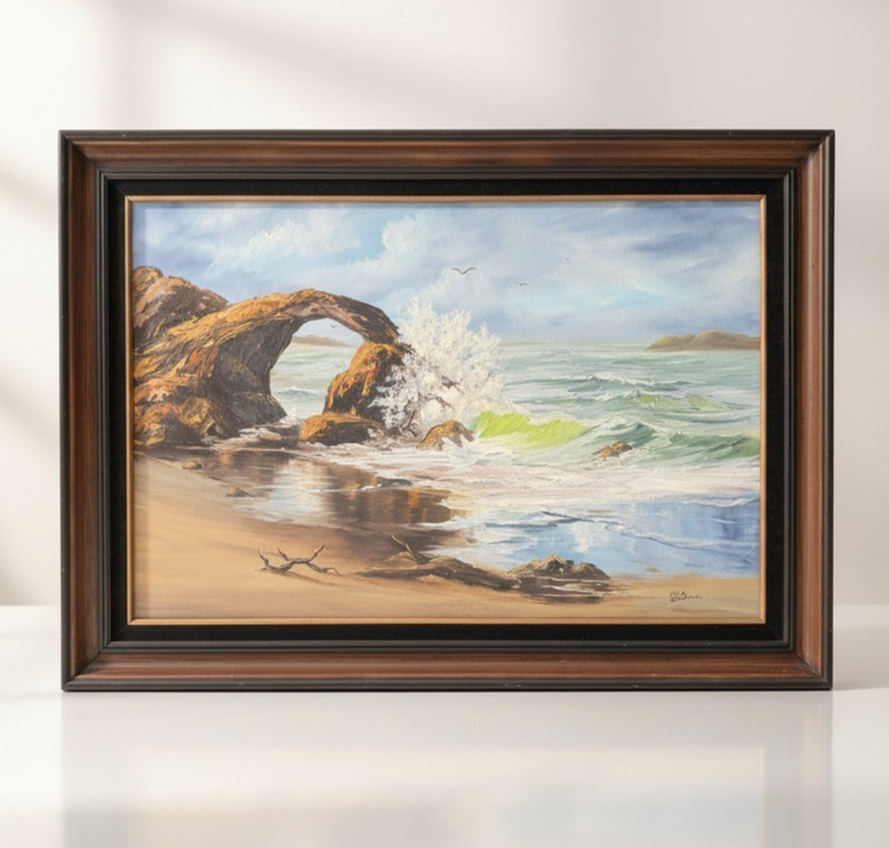 Vintage 1970s Original Signed Seascape Oil Painting Framed Rocky Coast Ocean 36x