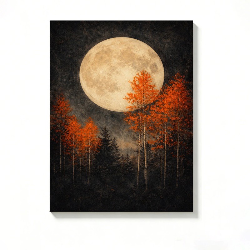 Full Moon&Autumn Forest Canvas Painting 2DFlat Frameless Wall Art for Home Decor