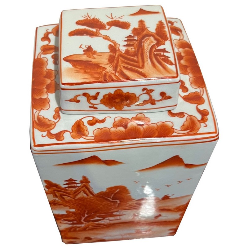US Seller - Red Orange Porcelain Scenery Chinese Tea Jar gallery