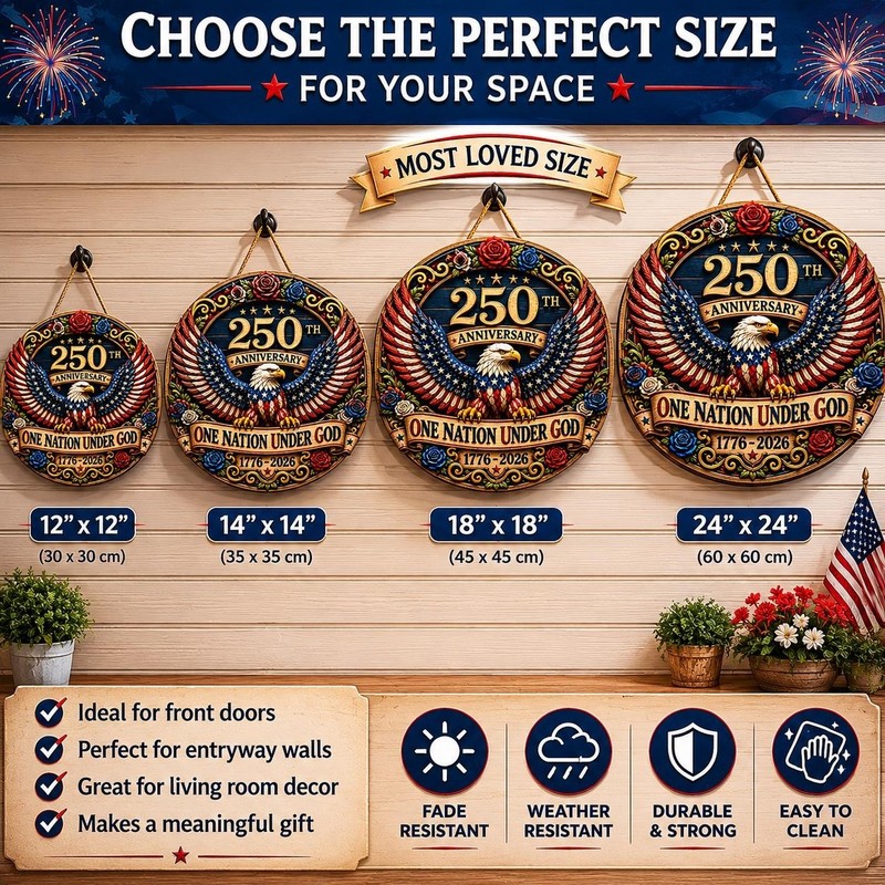 250th Anniversary Wooden Door Sign, Patriotic Eagle Wreath Decor, One Nation gallery