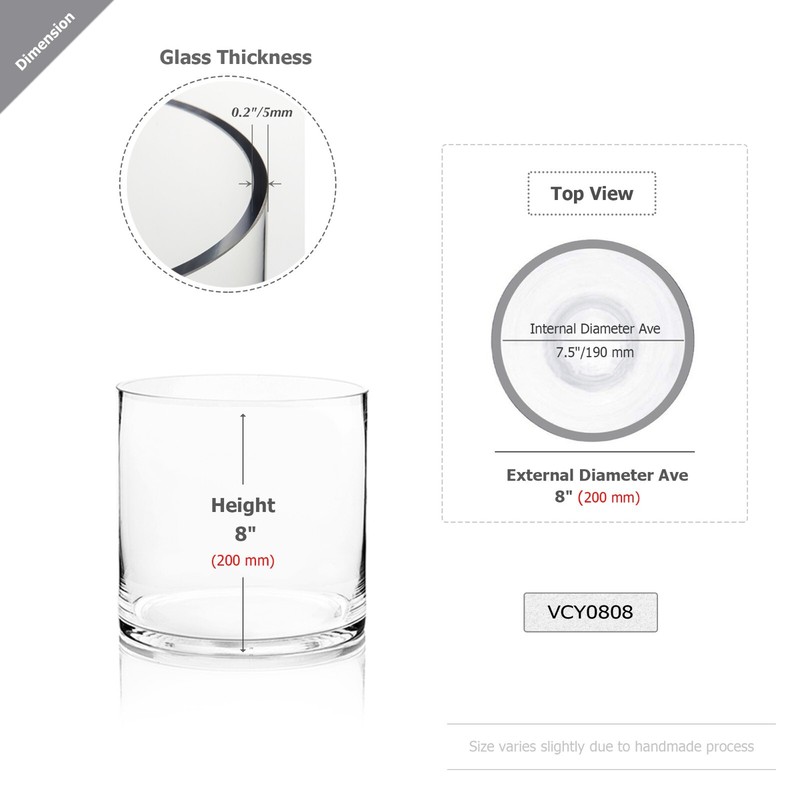 Clear Cylinder Glass Vase 8x8"H | Votive Candle Holder | Bulk Wholesale, 6 Pcs gallery