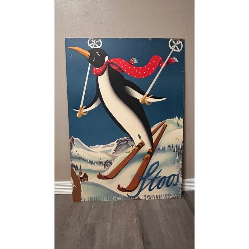 Vintage Stoos Switzerland Skiing Penguin Poster Tempered Board 38×27 Large Art