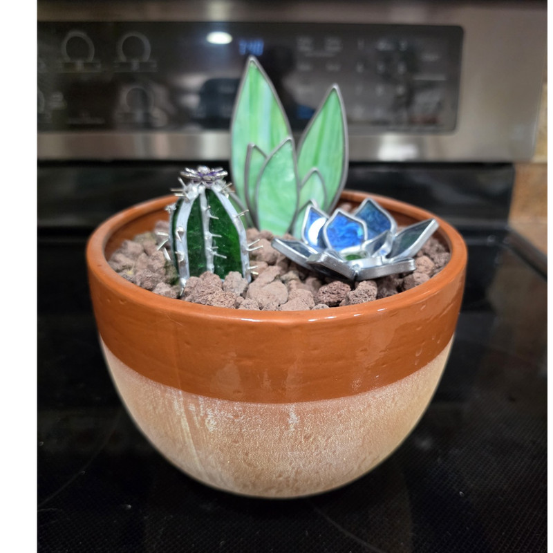 Artificial Succulent & Cactus Stained Glass Style Planter Arrangement