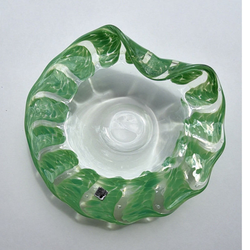 Murano Green & Clear Art Glass Bowl Printed stamp Made in Italy