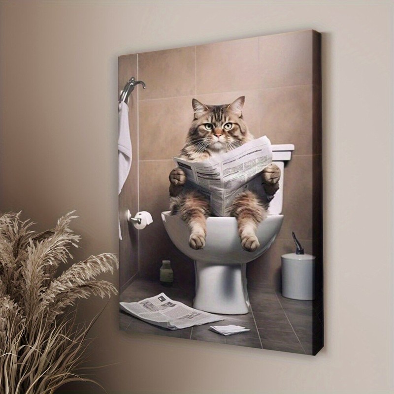 1PC Cat Reading Newspaper in Bathroom Decorative Painting Cool Cat Art Prints