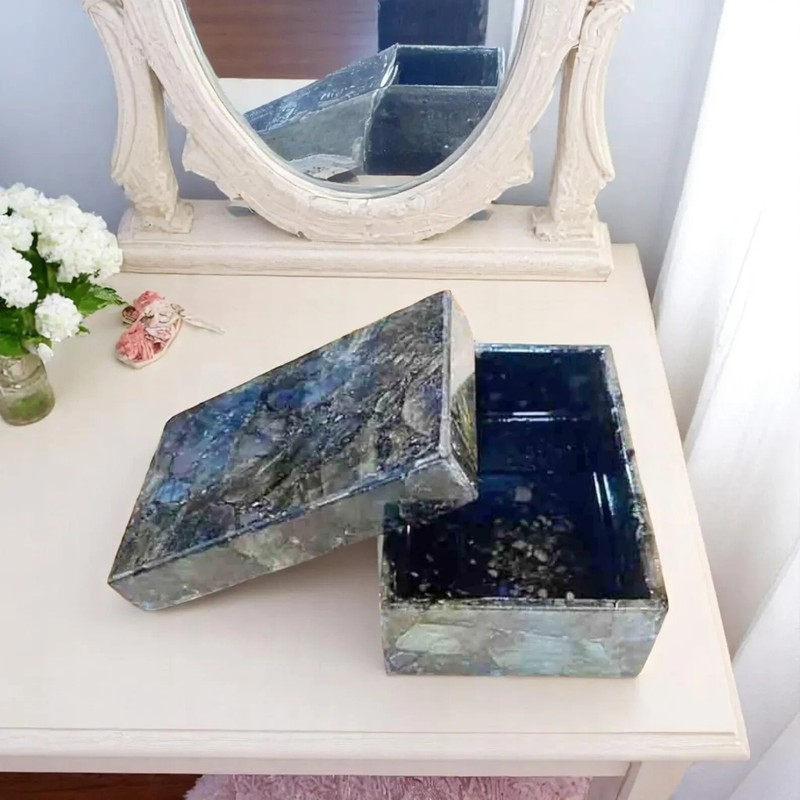 Handmade Labradorite Box Mosaic Stone Jewelry Trinket Gem Inlay Unique Decor