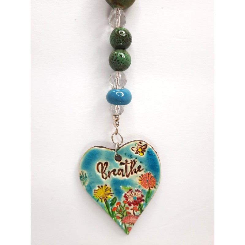 Artisan Upcycled Beaded Suncatcher Hand Painted Ceramic Heart Breathe Floral NEW gallery