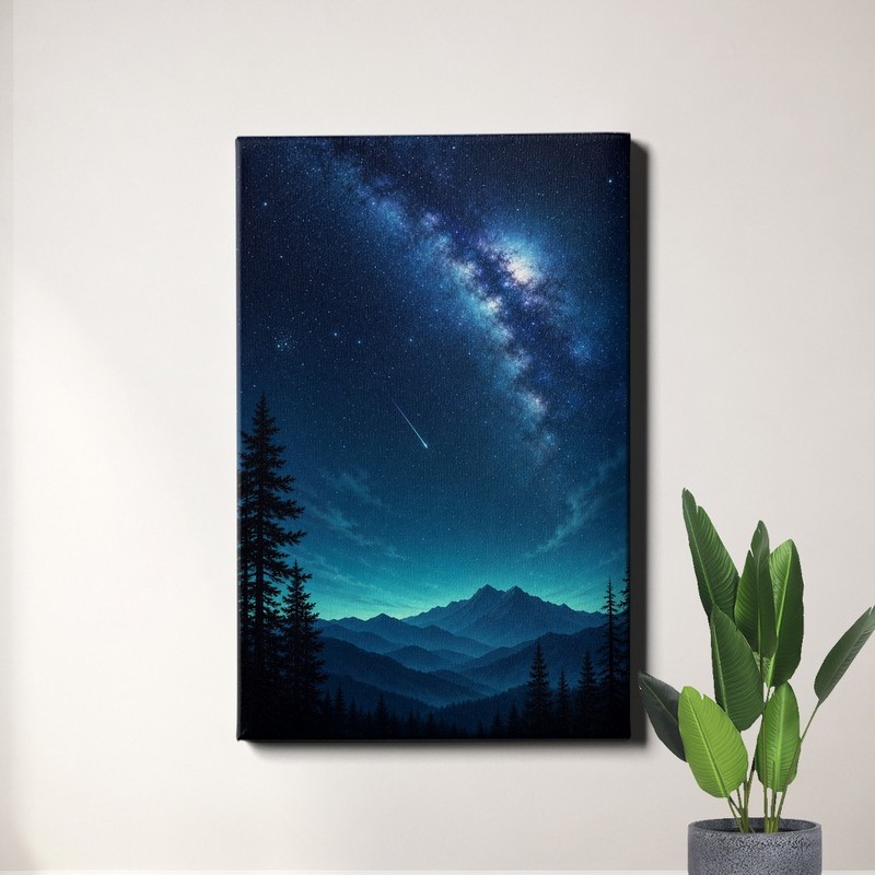 Milky Way Night Sky Art Print Misty Mountains Landscape Scene