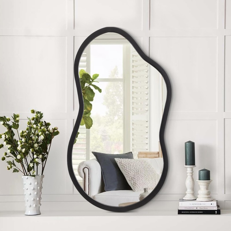 Irregular Wall Mirror with Wood Framed Small Asymmetrical Black Hanging Mirro…