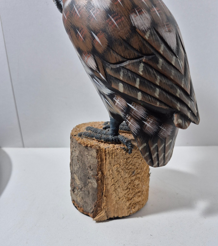 Hand Carved Wooden Tawny Owl Figurine on Log Base Hand Painted Rustic Bird Decor gallery