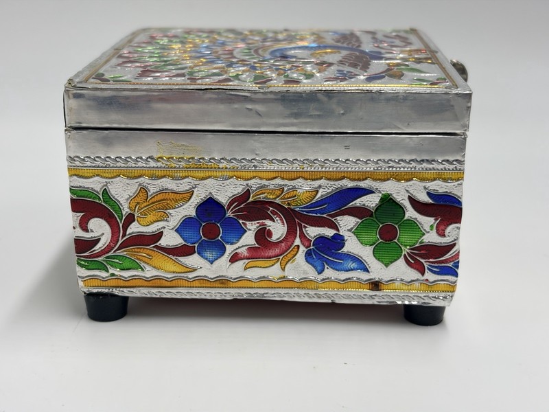Peacock Meenakari Enameled Metal Wood Jewelry Trinket Stash Hinged Box Velvet gallery