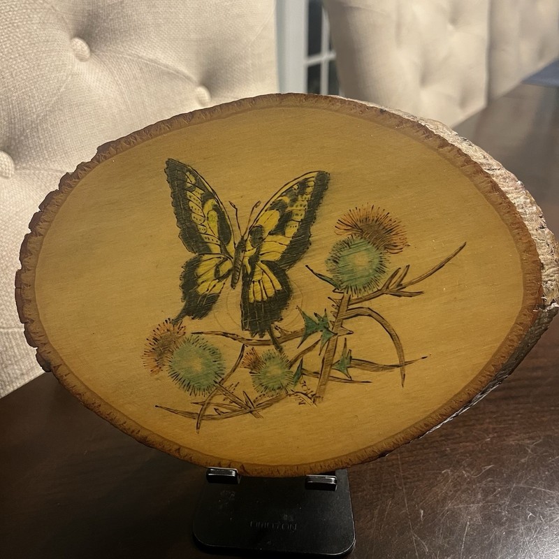 Butterfly FolkArt Wood Slab Plaque Trivet Butterfly & Floral Design 9.5″x6.5″