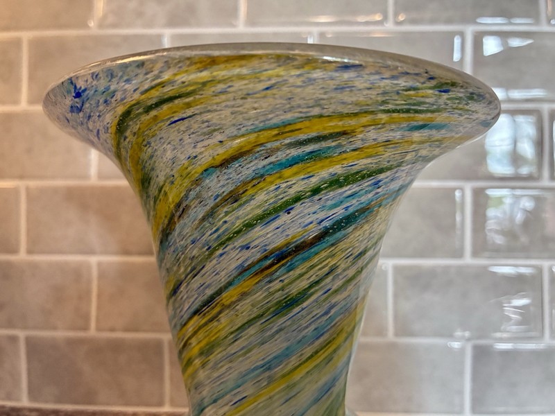 Vintage F & C Handmade Crystal Blue/Yellow/Green Swirl Vase Heavy 9 1/8” Tall gallery
