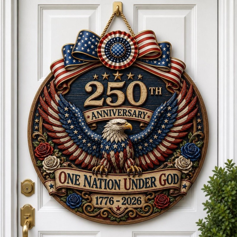 250th Anniversary Wooden Door Sign, Patriotic Eagle Wreath Decor, One Nation gallery