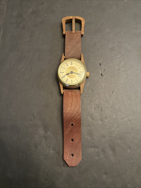 15 ” Ornate Wooden Wrist Watch Shaped Wall Clock Stained Wood Battery Quartz