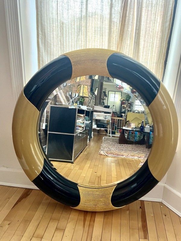 Vintage postmodern Karl Springer style designer large round wall mounted mirror