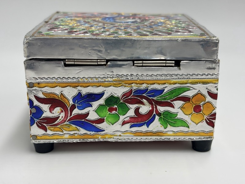 Peacock Meenakari Enameled Metal Wood Jewelry Trinket Stash Hinged Box Velvet gallery