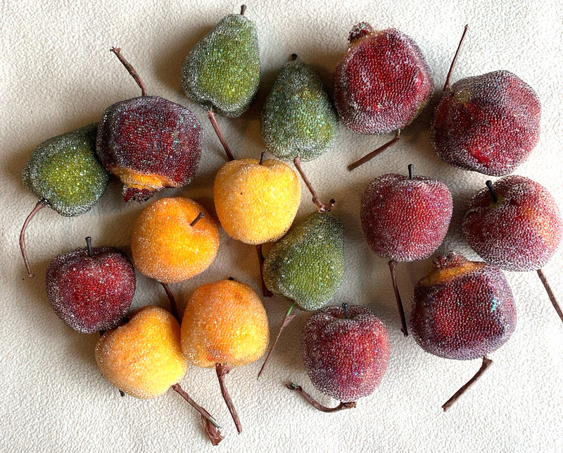 Beaded Frosted Faux Fruit Plastic Apples Pears Pomegranates MCM Lot of 16