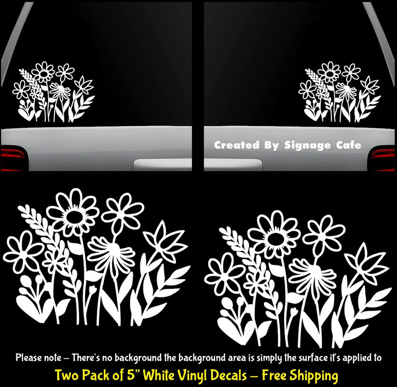 Wildflowers Two 5″ White Decals Windows Car Vehicle Glass Door Any Flat Surface