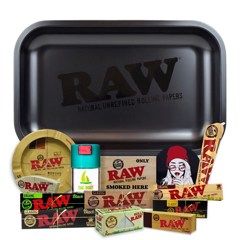 Smokers Gift Set: RAW Matte Black Rolling Tray 10.8" x 6.9", RAW Ashtray, Odo...