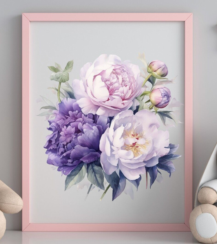 Peonies Wall Art Print, Floral Wall Art Decor, Pink and Purple Peonies Bouquet