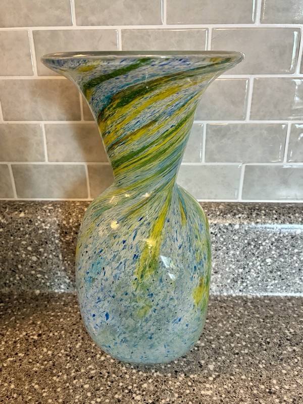 Vintage F & C Handmade Crystal Blue/Yellow/Green Swirl Vase Heavy 9 1/8” Tall gallery