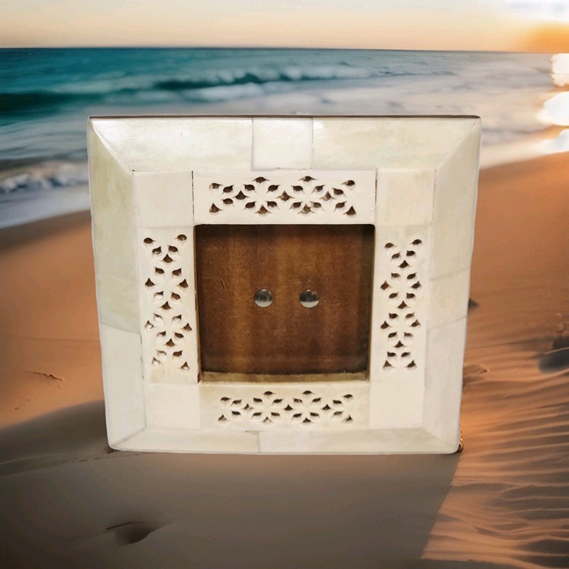 Carved White Alabaster Picture Frame w Cutouts 5x 5 for 2.5×2.5 Handmade Square