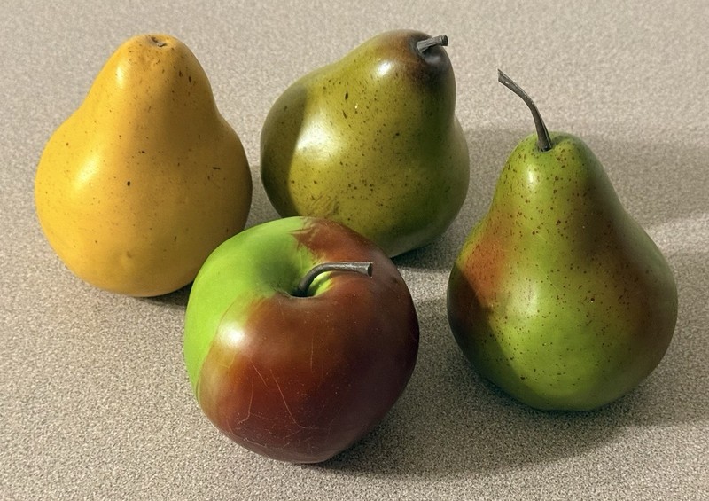 4pc Vintage Realistic Faux Fruit Lot Weighted Resin Stone Apple 3 Pears Decor