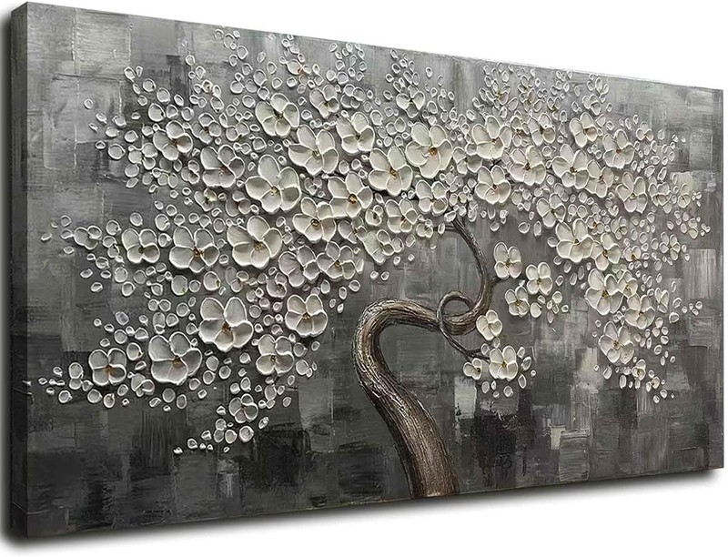 30×60 Inch White Botanical Flower Tree Wall Art Canvas