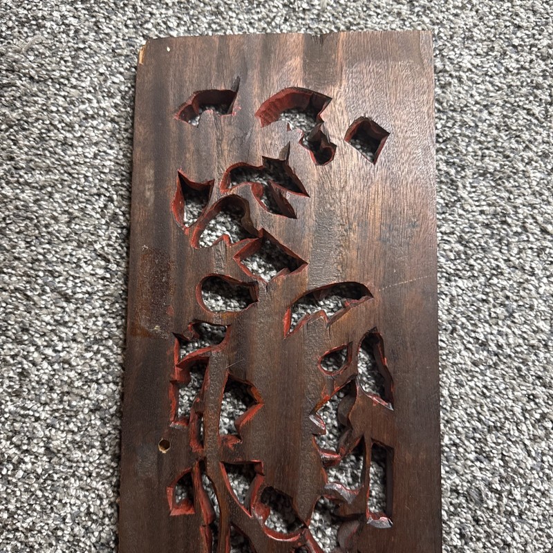 Vintage 15”x3” Wood Carved Panel Intricate Gold Bird Floral Motif Weathered gallery