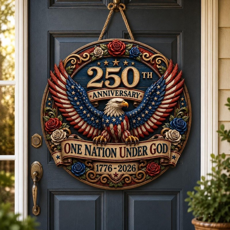 250th Anniversary Wooden Door Sign, Patriotic Eagle Wreath Decor, One Nation gallery