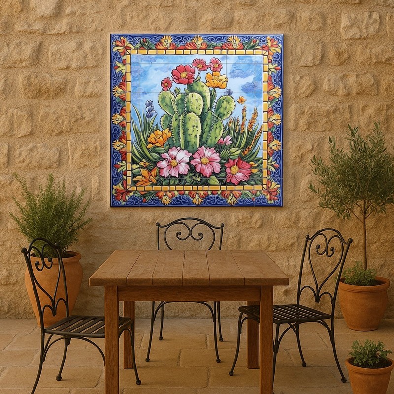 Mexican Cactus Ceramic Tile Mural – Colorful Desert Wall Art, Floral Pattern