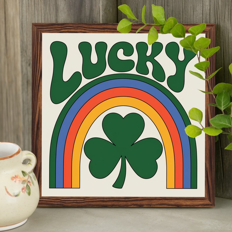 Lucky Irish Decor Wooden Plaque Retro Rainbow Clover Art For St Patricks Day