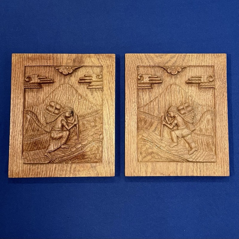 Vintage Relief Wood Carving Art Panel Set of 2 WallMounted Traditional Craft 80s
