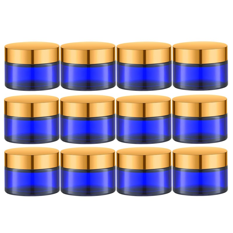 Iron Bill 1 Oz Cobalt Blue Round Glass Jars Inner Liners And Gold Lids12Pcs