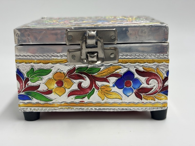 Peacock Meenakari Enameled Metal Wood Jewelry Trinket Stash Hinged Box Velvet gallery