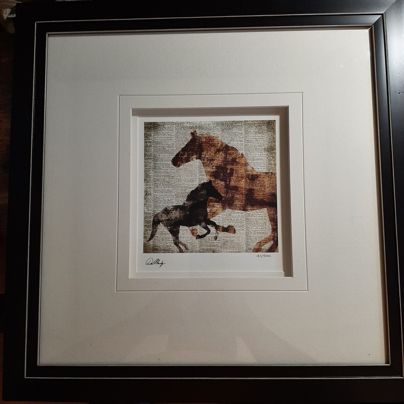 DAN MENEELY HORSES ON NEWSPRINT DOUBLE MATTED FRAMED LIMITED ED PRINT #41/500