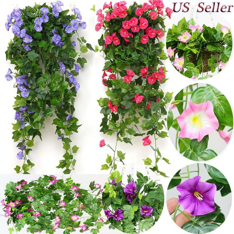 Artificial Hanging Basket Fake Silk Morning Glory Flower Vine Home Wedding Decor