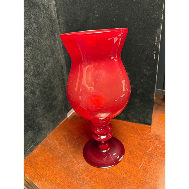 Vintage Ruby Red Glass Hurricane Vase Footed Pedestal Centerpiece Flared Rim