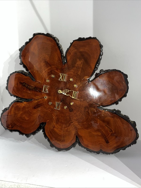 Live Edge Wood Slab Wall Clock Brown Glossy Rustic Vintage Handcrafted MCM Retro